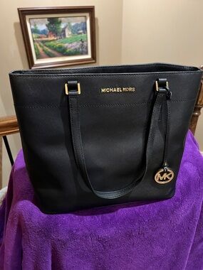 Michael Kors Black Leather Tote with Gold MK logo NWOT. What a deal!!!!   H011